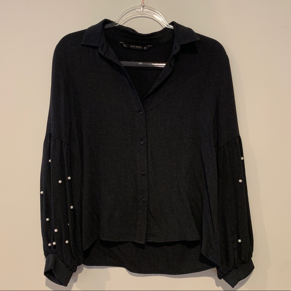 Zara Basic Black Button Down Top Pearl Sleeves S - image 1